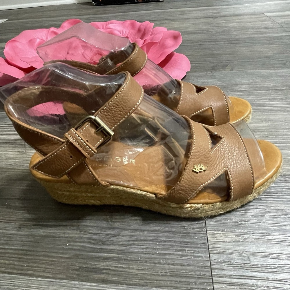 KURT GEIGER LONDON Tan Brown‎ Leather Wedge Espadrille Sandals Sz 37.5 (US 7)